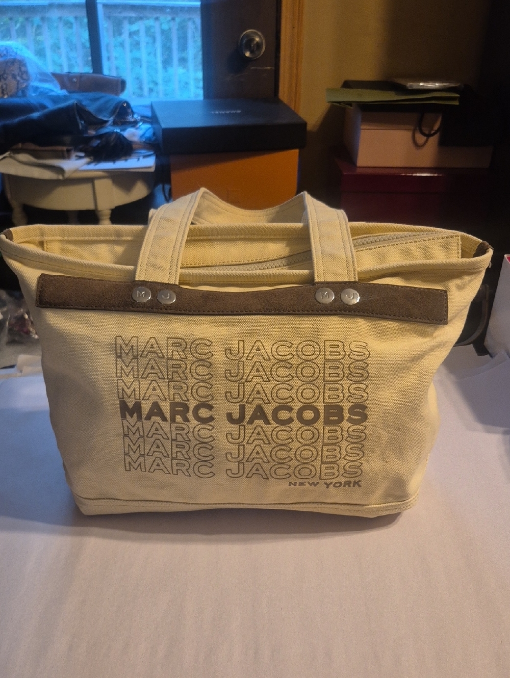 Marc Jacobs Cream Canvas Duffel Tote with Brown Accents